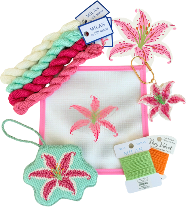 Tiger Lily needlepoint canvas with finished ornament