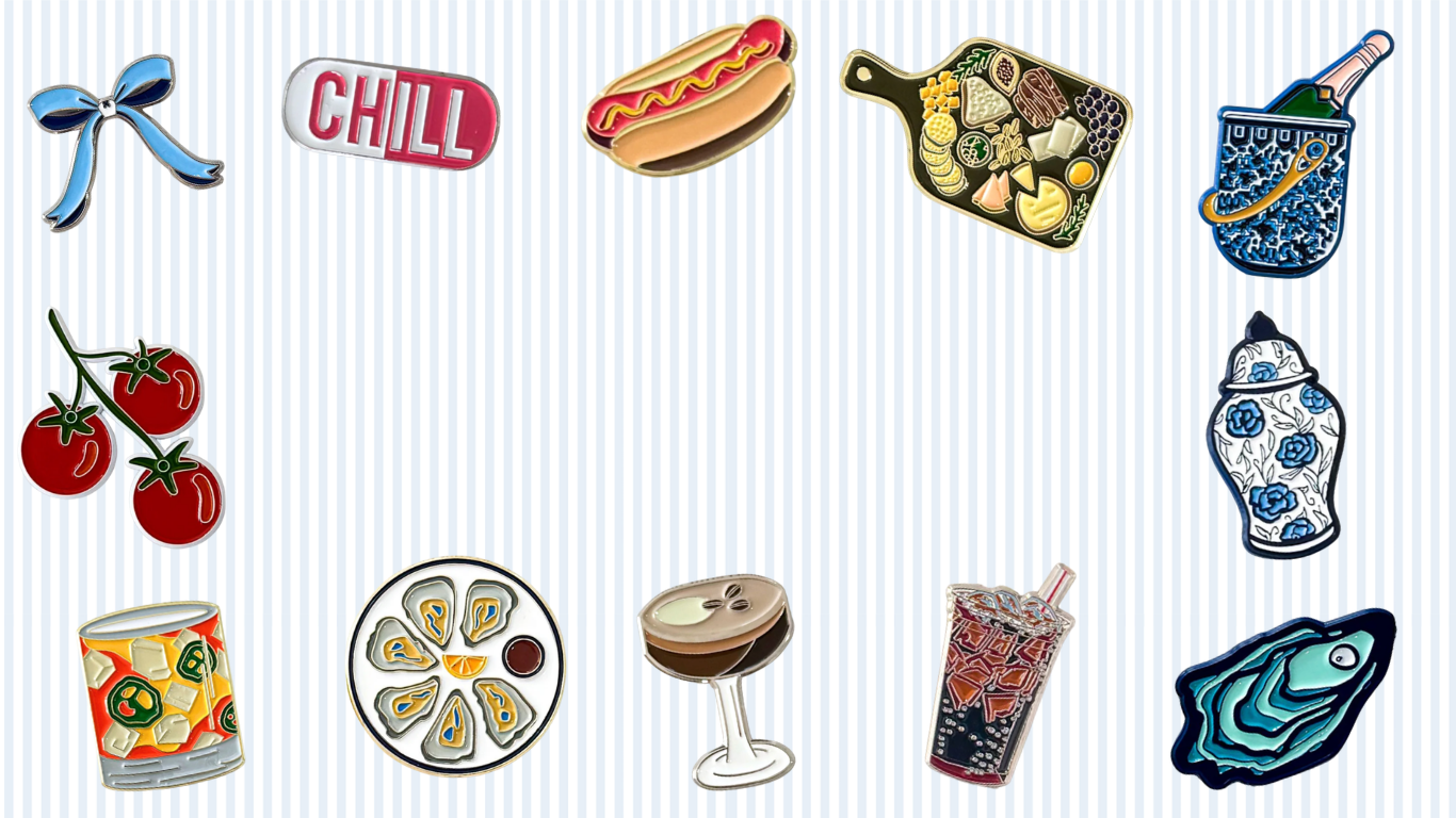 Needle Minder Club hero background — collection of needle minder designs on striped blue