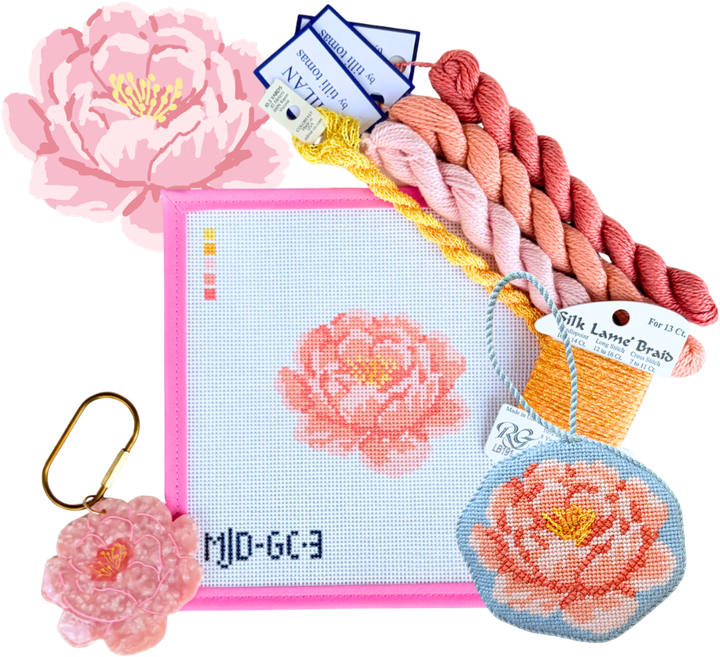 Peony needlepoint canvas with finished ornament