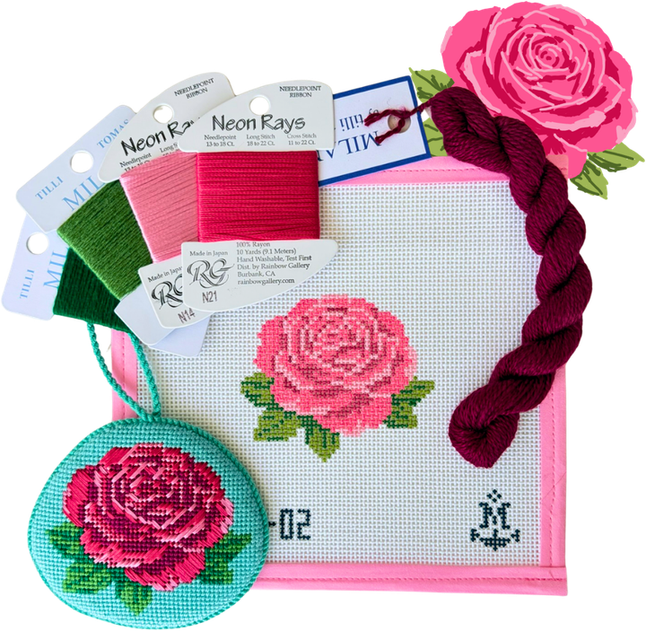 Rose needlepoint canvas with finished ornament